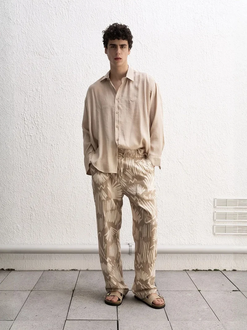 Giesto Beige Natural GIESTO Relaxed Fit Wide Leg Patterned Pants with Drawstring Waist for Men | Best Price UAE